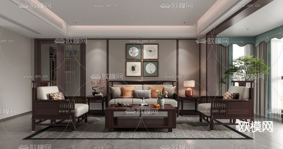 新中式客厅免费3d模型下载_ID12267435_3dmax免费模型-欧模网