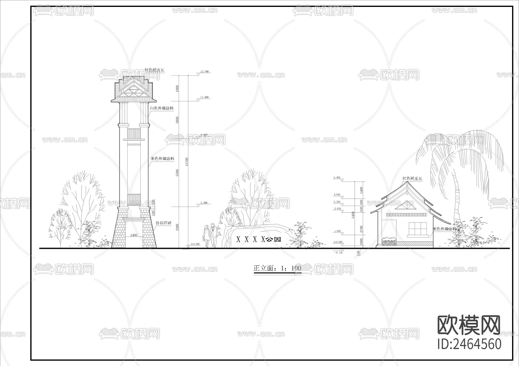 公园大门入口CAD施工图下载（渲染图2）