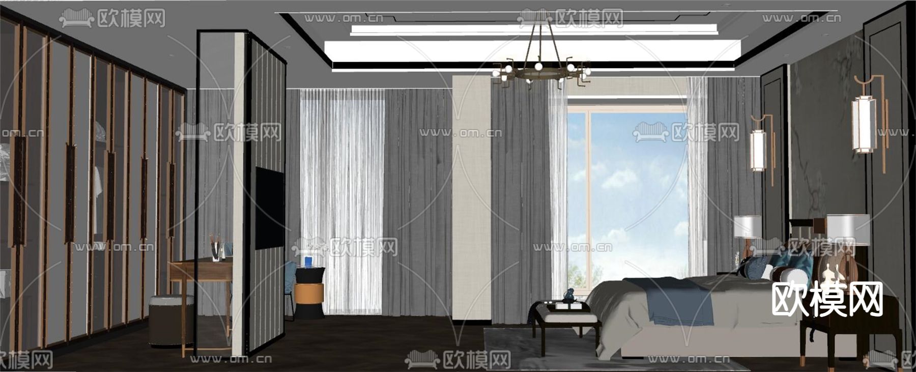 新中式卧室 主人房su模型下载（渲染图2）