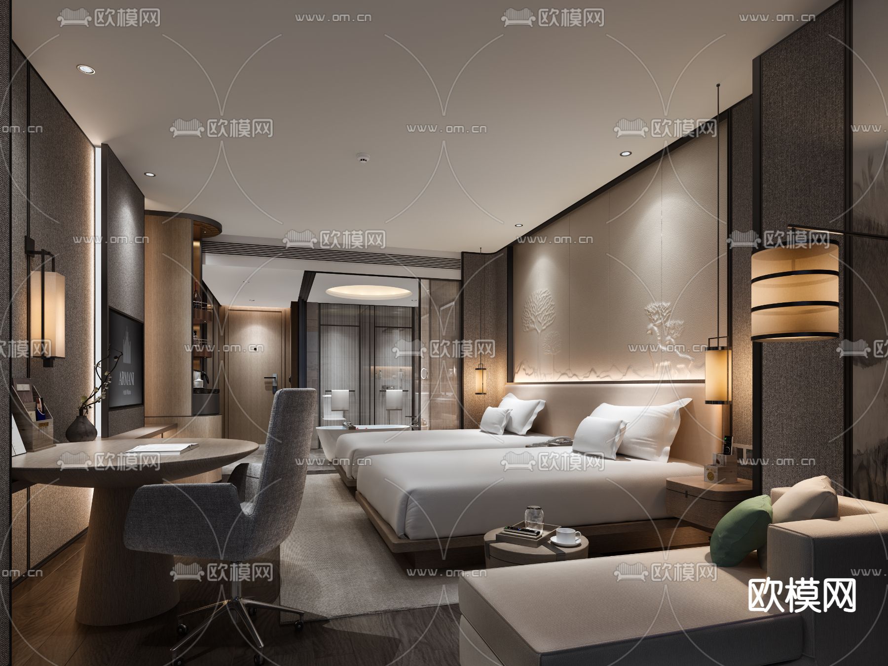 新中式酒店双床客房su模型下载（渲染图1）