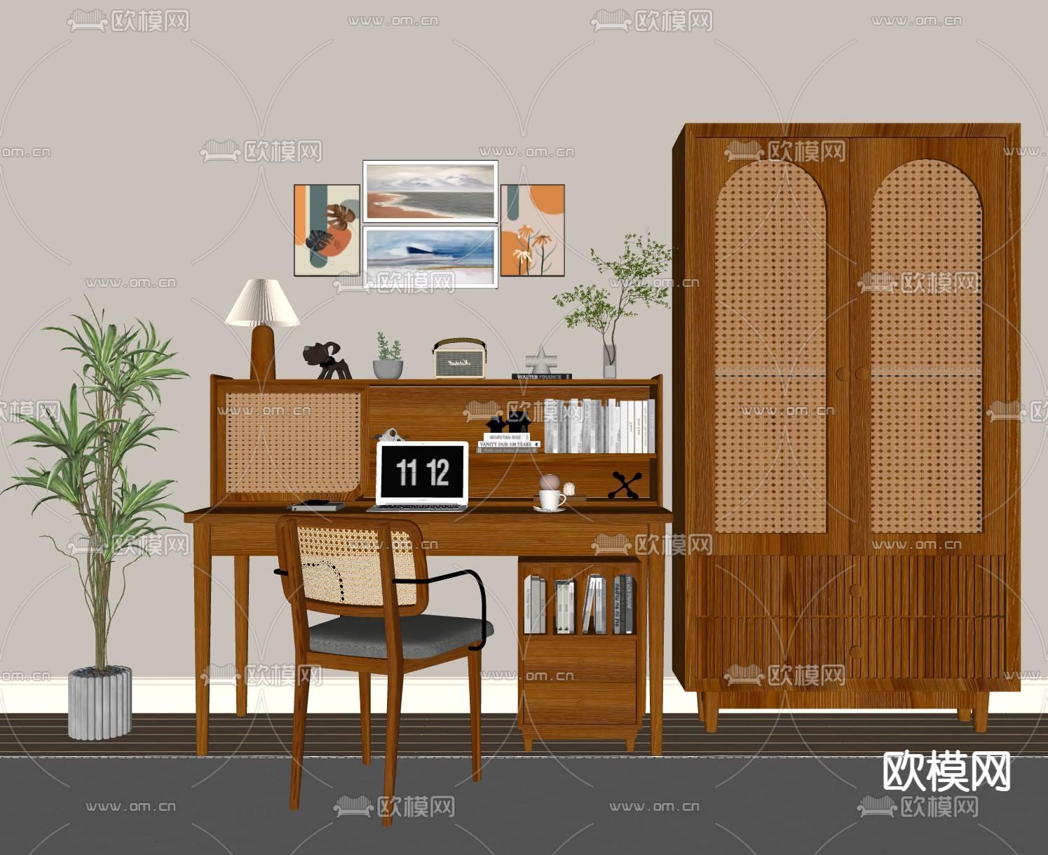 北欧藤编书桌椅su模型下载（渲染图2）