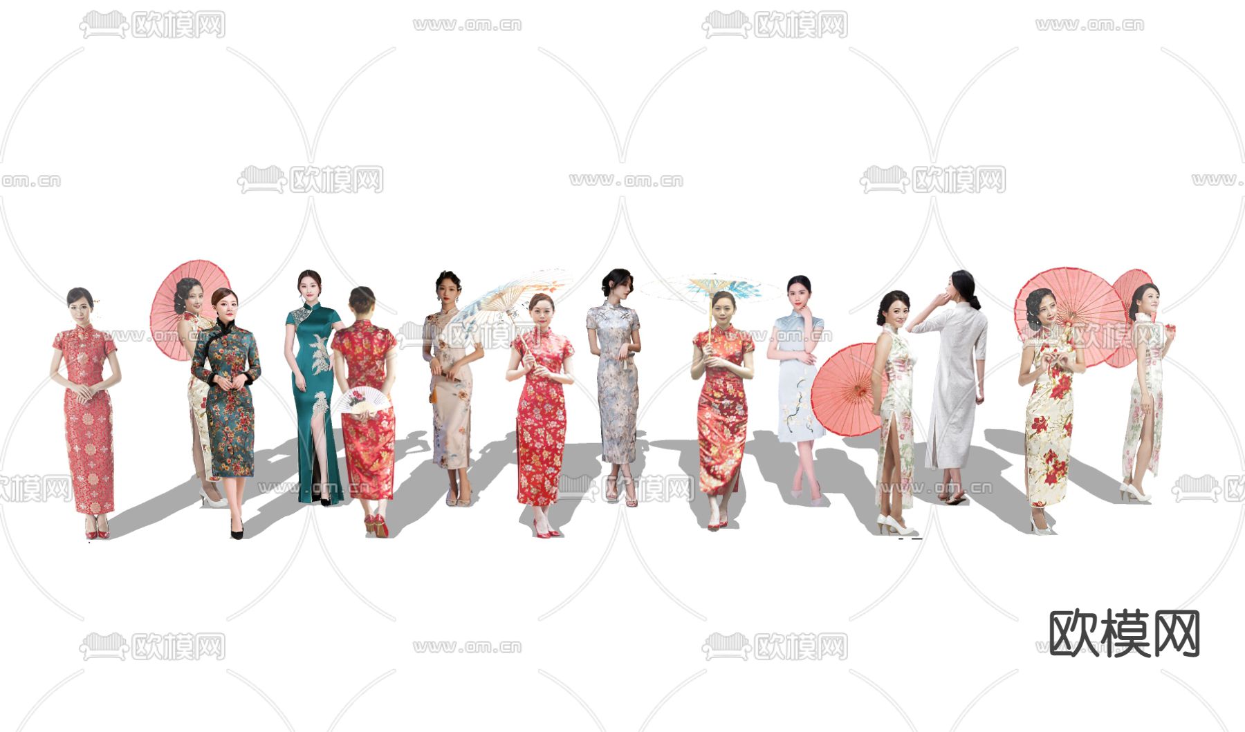 新中式旗袍人物 古风美女2D组件su模型下载（渲染图2）