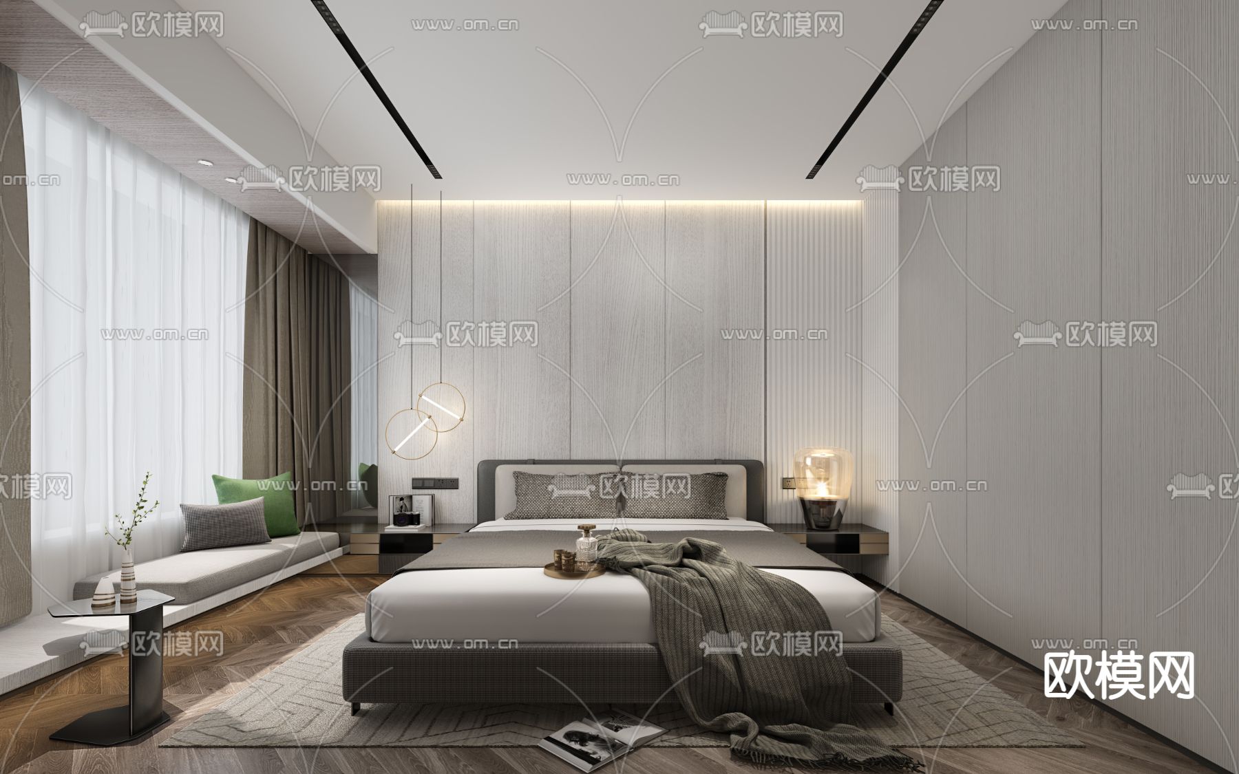 高级灰卧室 主人房su模型下载（渲染图1）