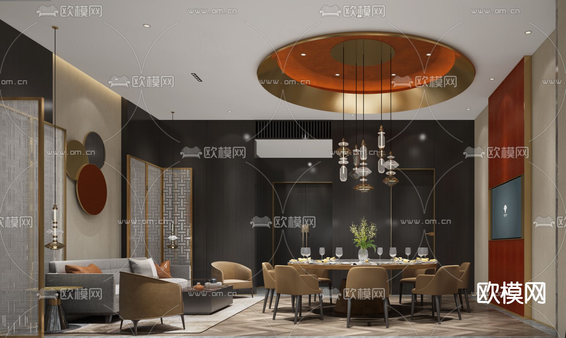 轻奢风大包房 包间su模型下载（渲染图1）