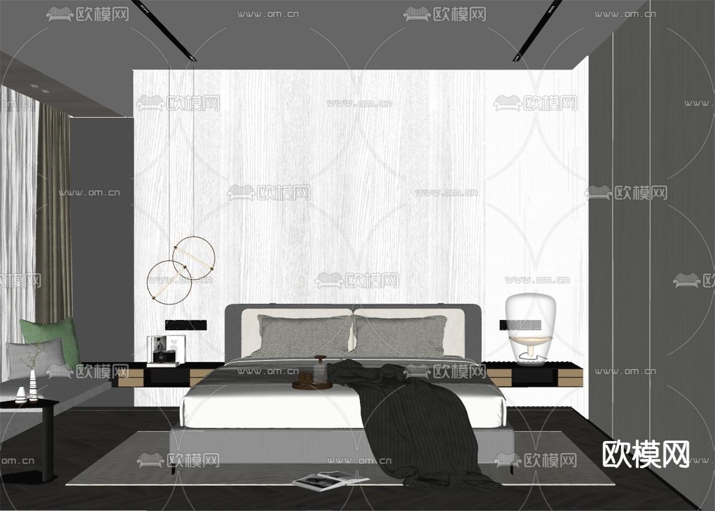 高级灰卧室 主人房su模型下载（渲染图2）