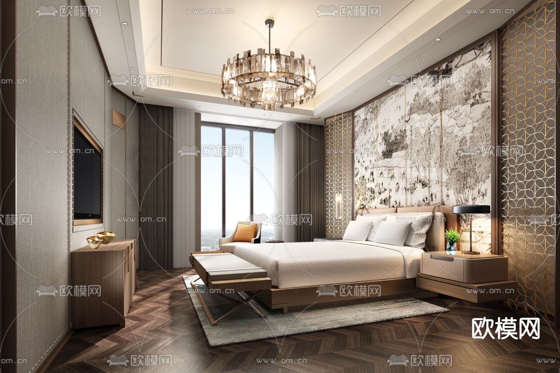 新中式卧室 主人房su模型下载（渲染图1）