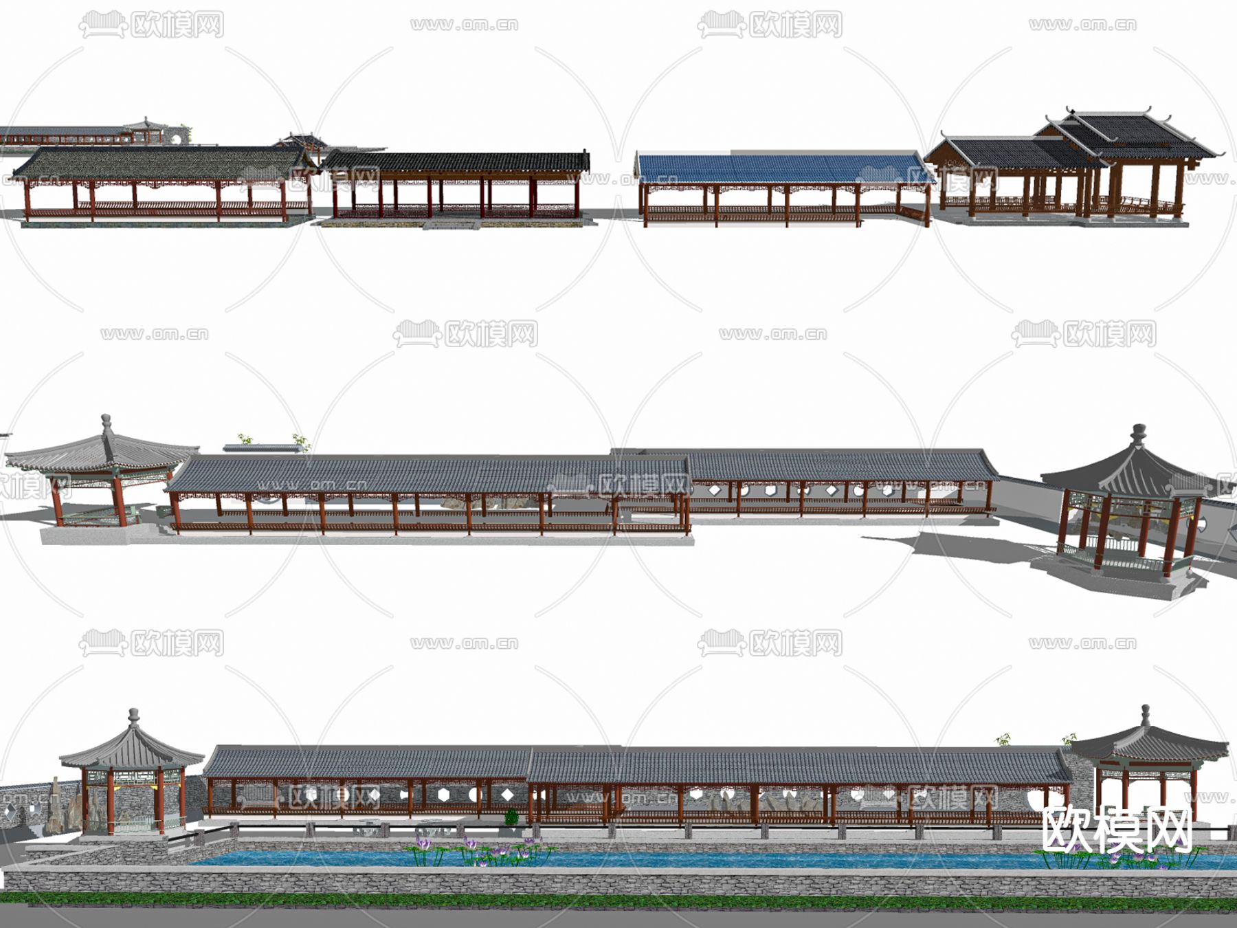 中式古建长廊亭子su模型下载（渲染图2）