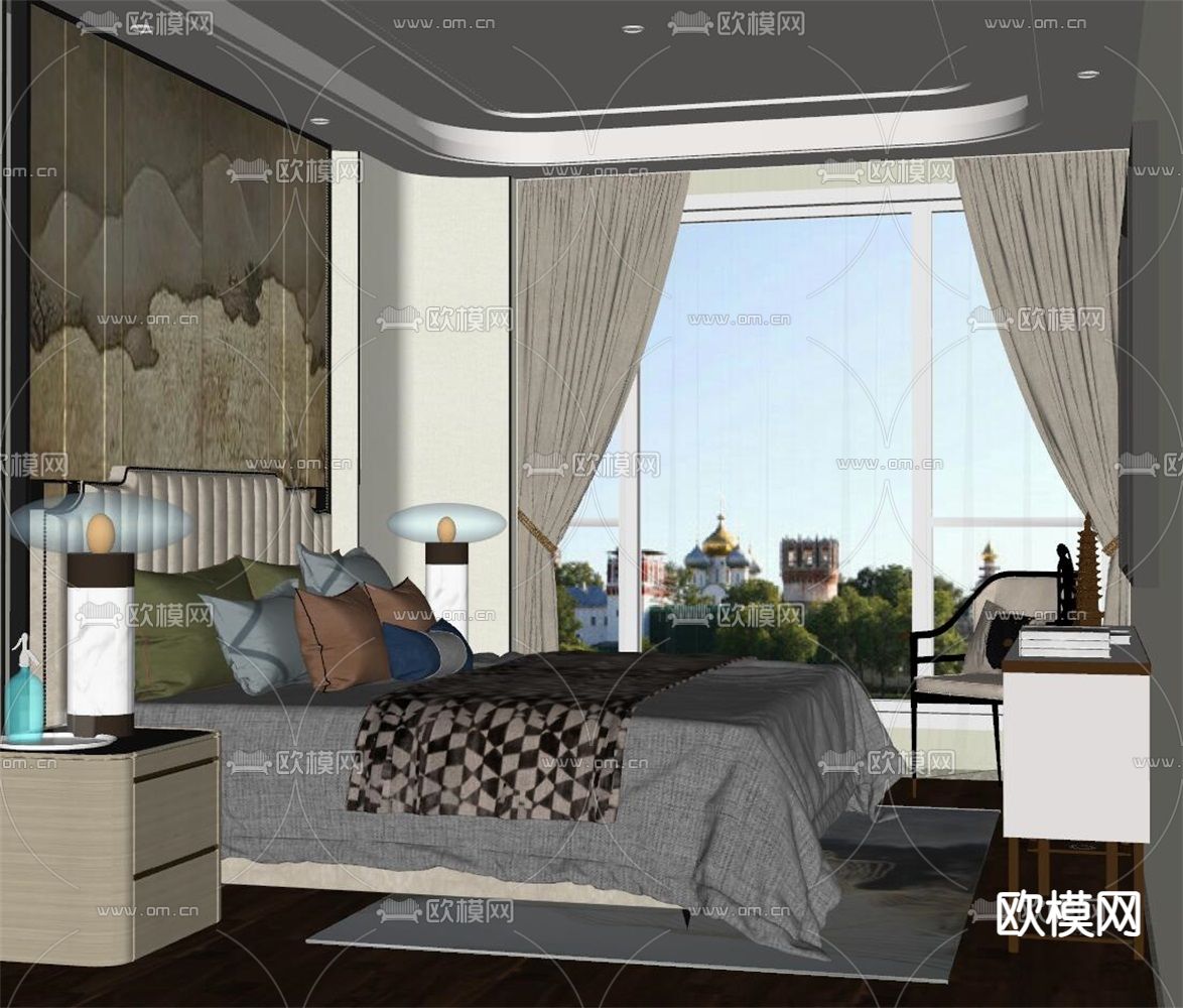新中式卧室su模型下载（渲染图2）