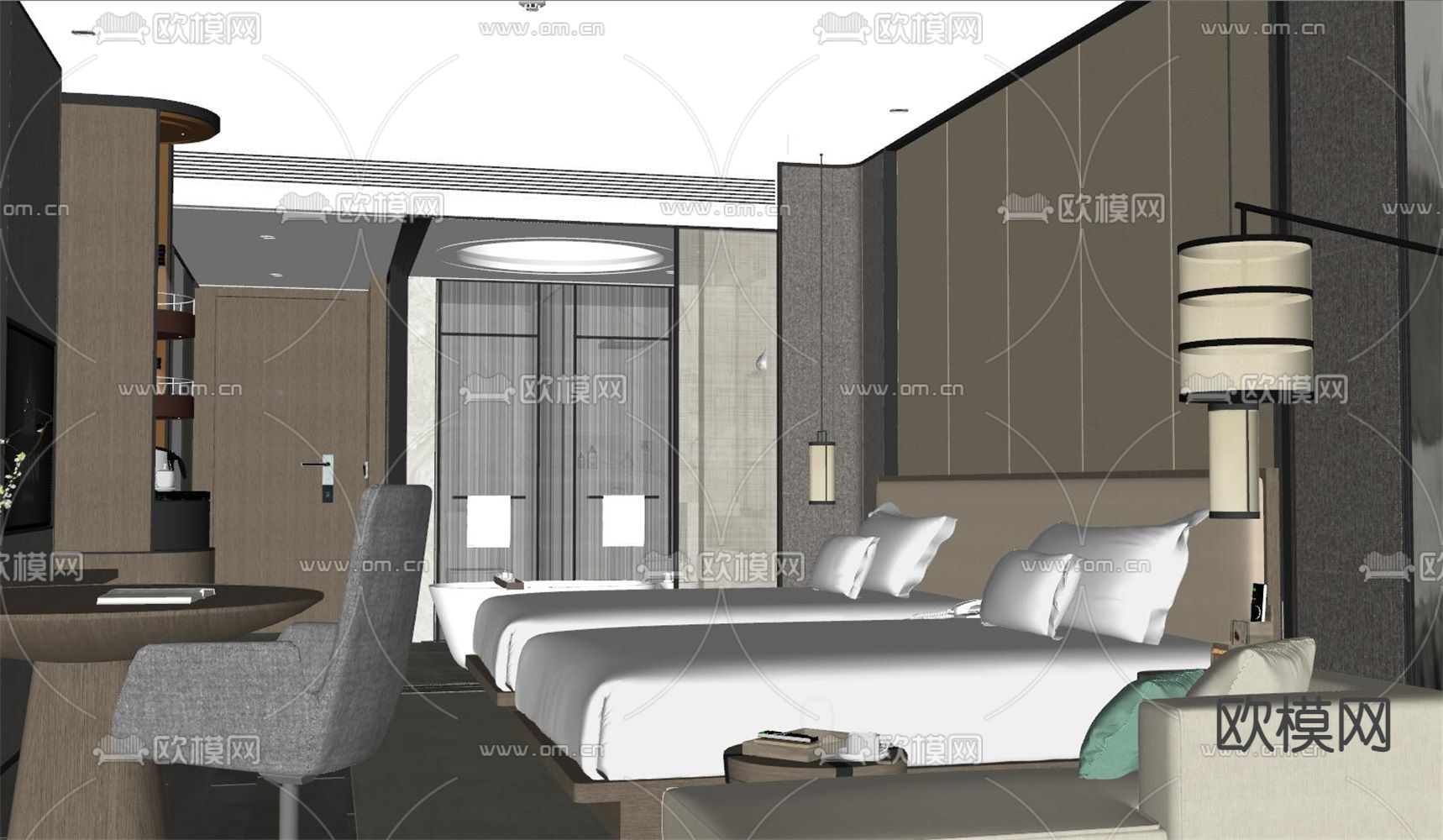 新中式酒店双床客房su模型下载（渲染图2）