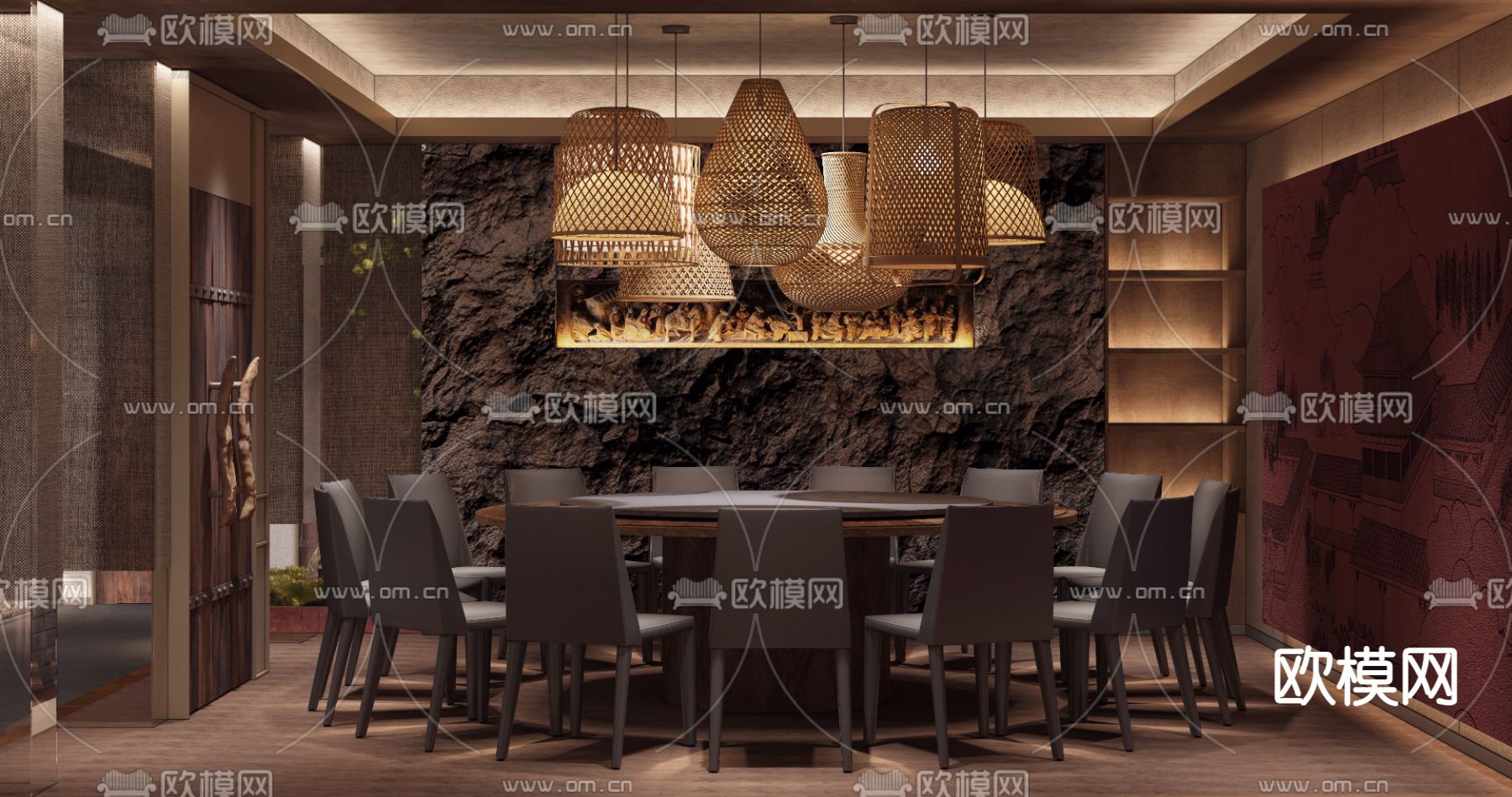 新中式中餐厅包厢 前台 过道3d模型下载_ID12290209_3dmax免费模型-欧模网