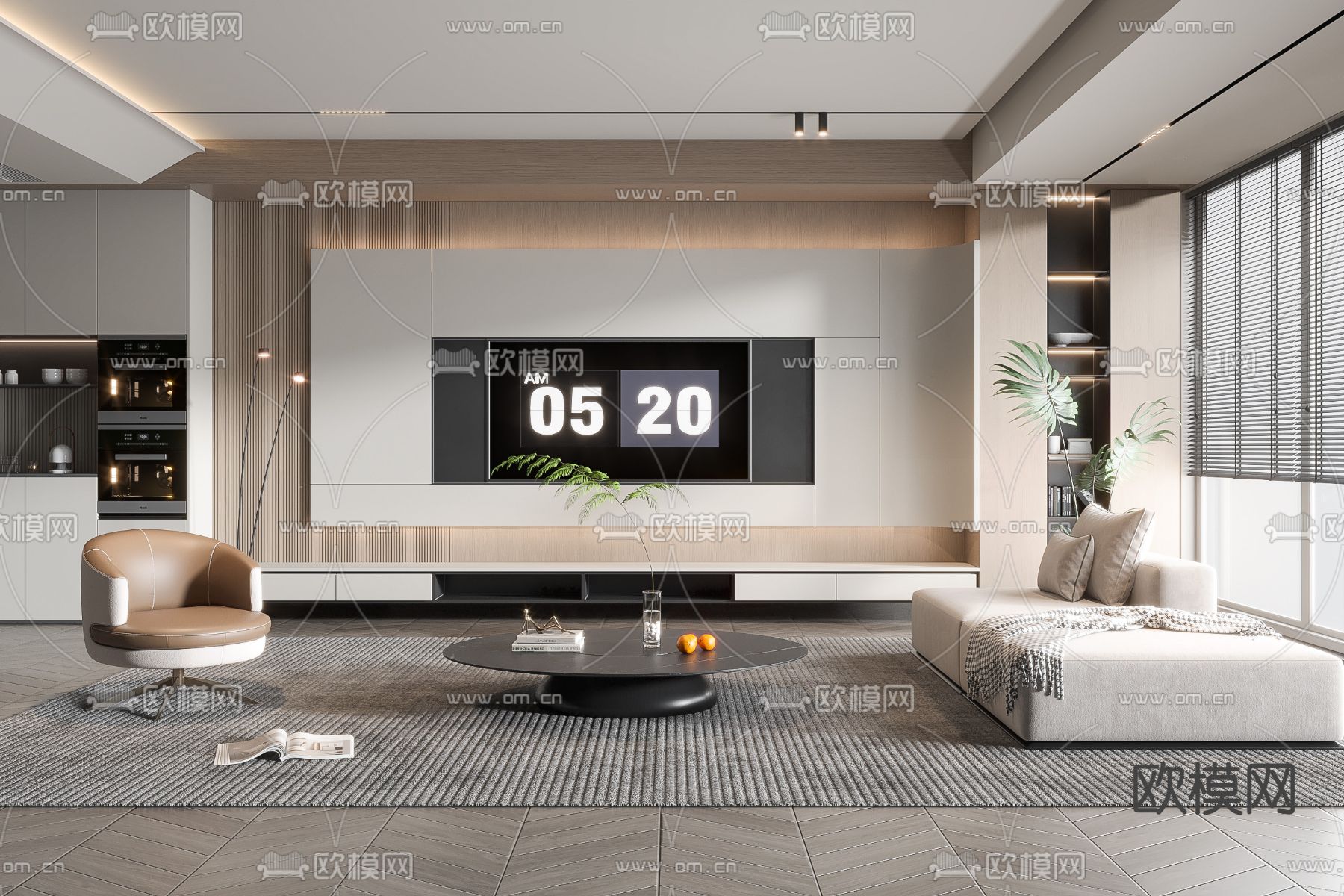 奶油风客厅su模型下载（渲染图1）