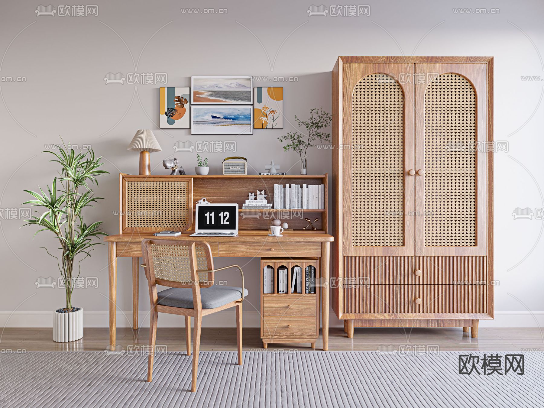 北欧藤编书桌椅su模型下载（渲染图1）