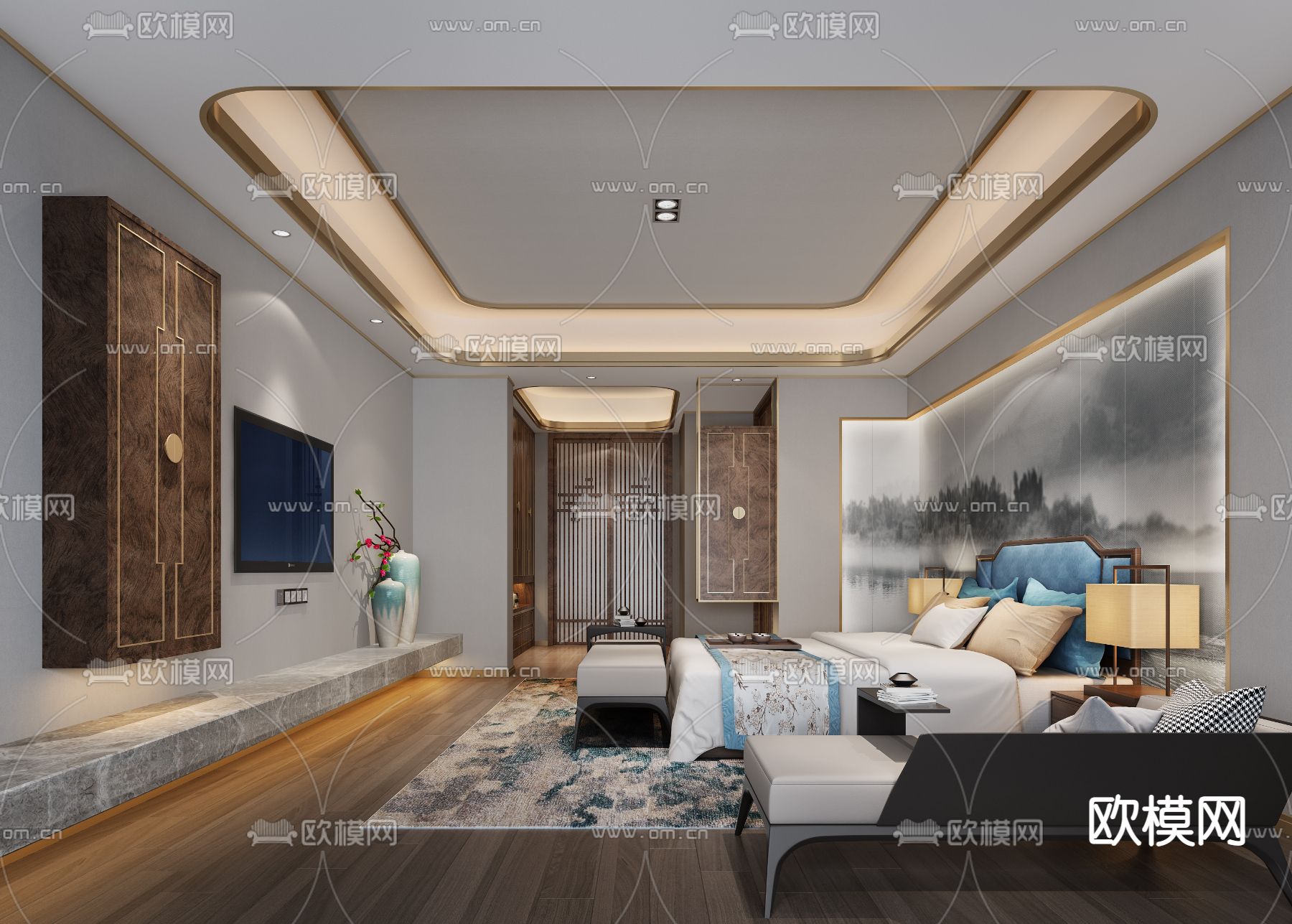 中式卧室 主人房su模型下载（渲染图1）