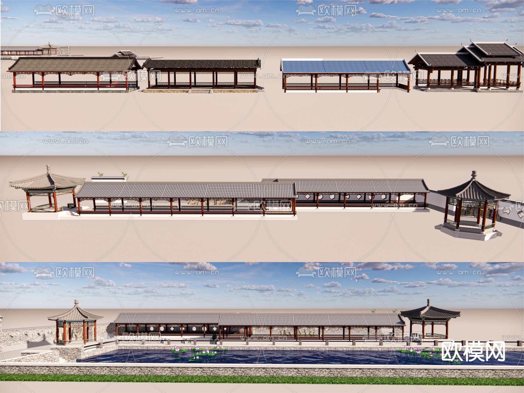 中式古建长廊亭子su模型下载（渲染图1）