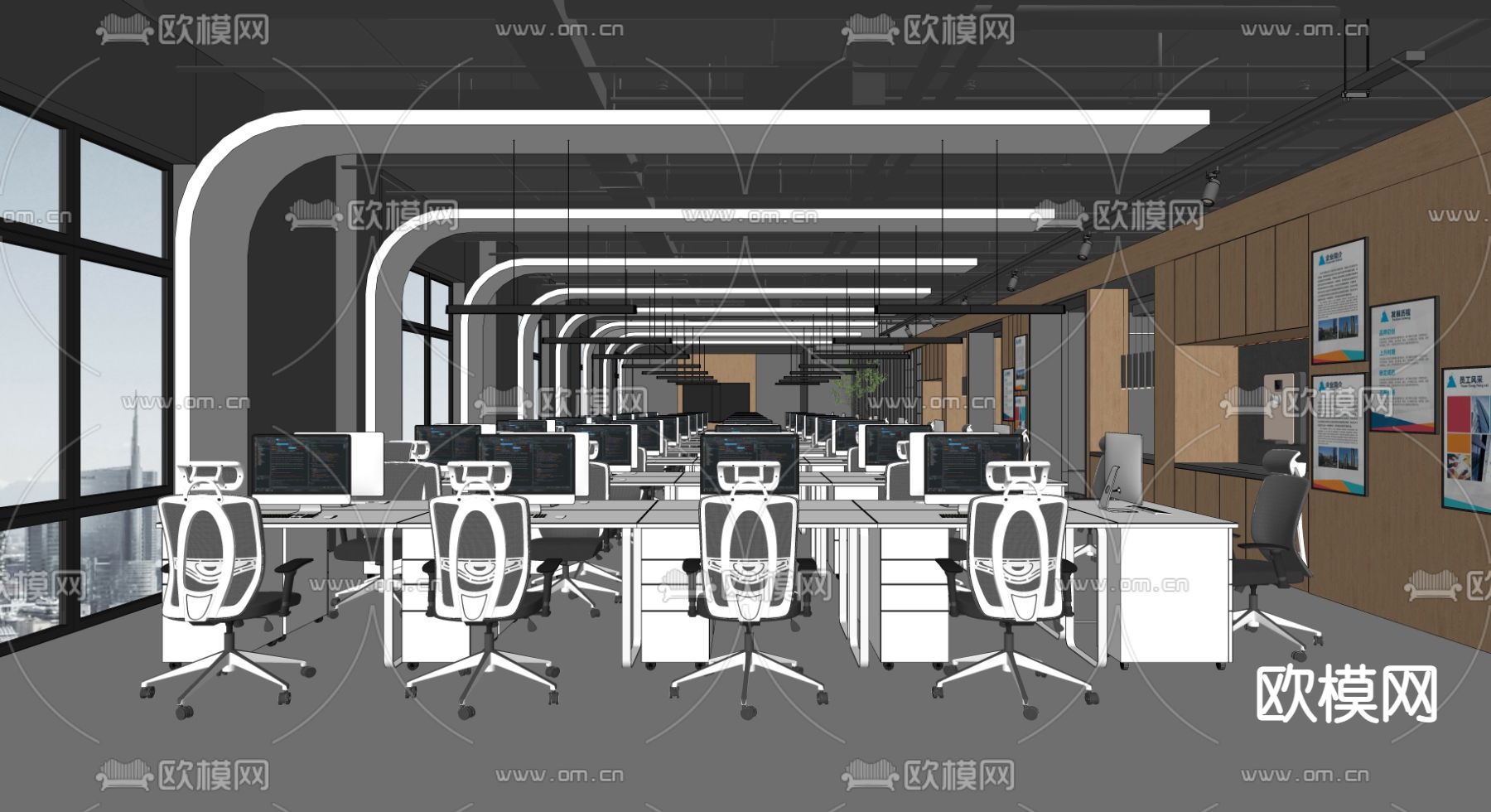 敞开式办公区 办公室su模型下载（渲染图2）