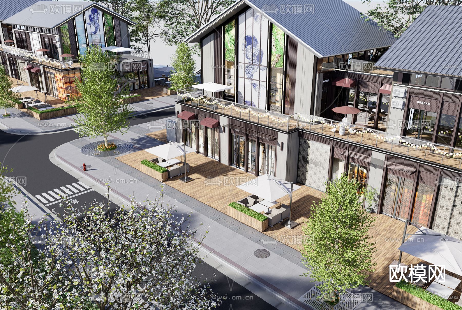 中式商业街建筑外观su模型下载（渲染图3）