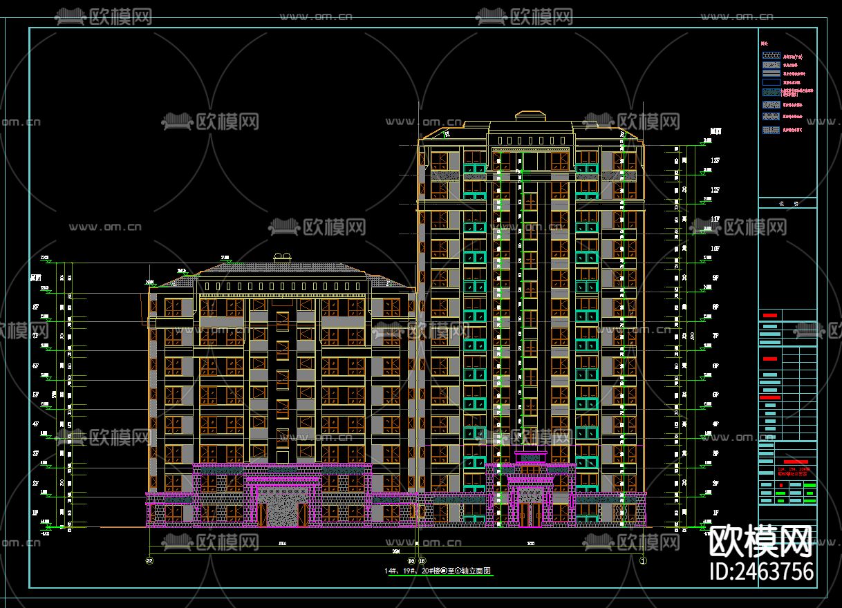 某小区两单元十三层住宅楼建筑CAD施工图下载（渲染图4）