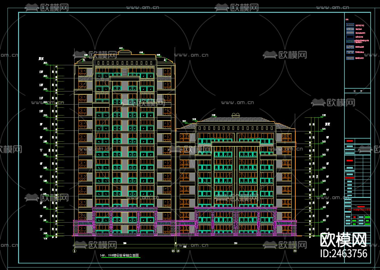 某小区两单元十三层住宅楼建筑CAD施工图下载（渲染图2）