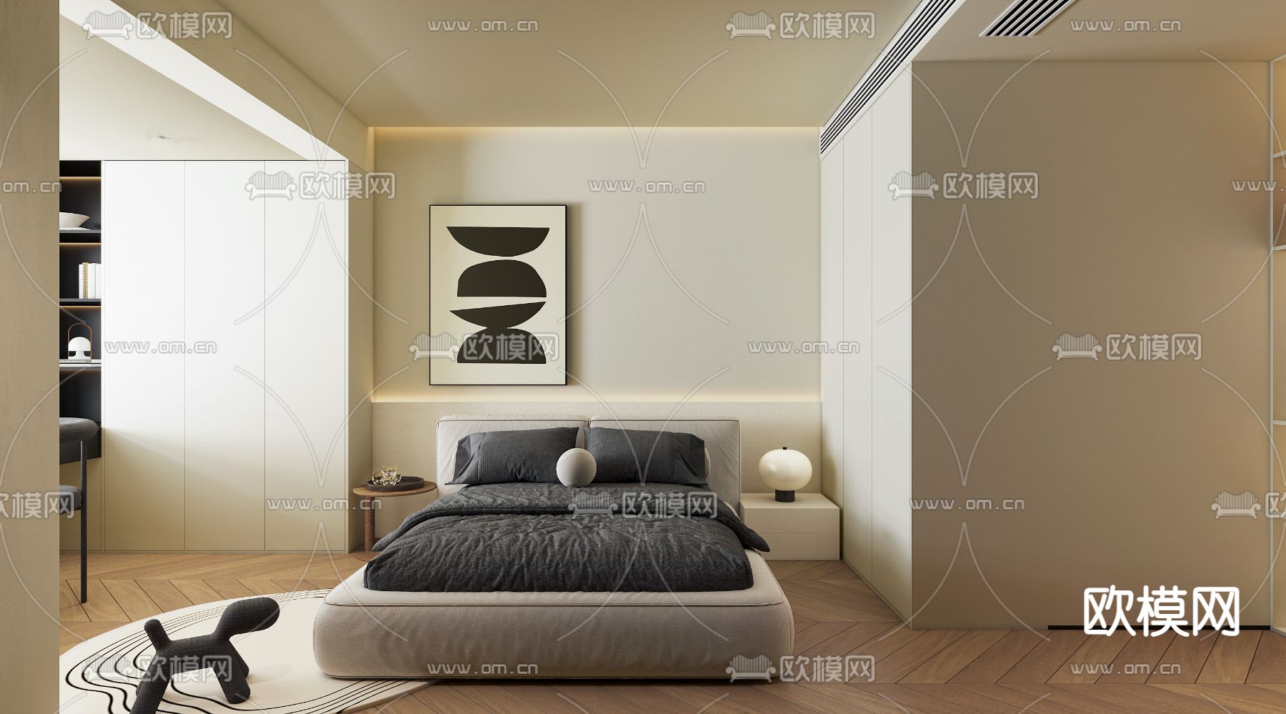高级灰卧室 主人房3d模型下载（渲染图1）