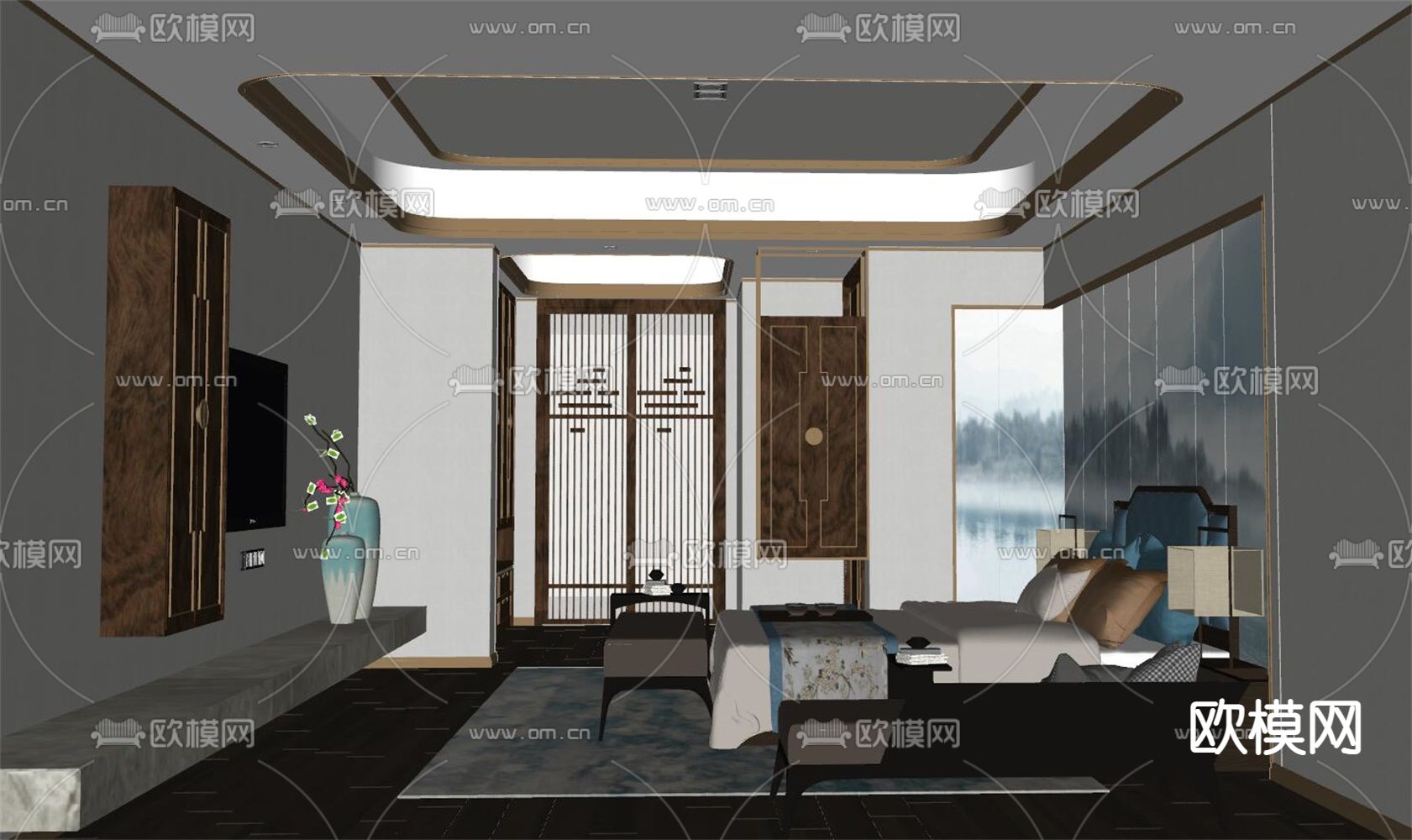 中式卧室 主人房su模型下载（渲染图2）