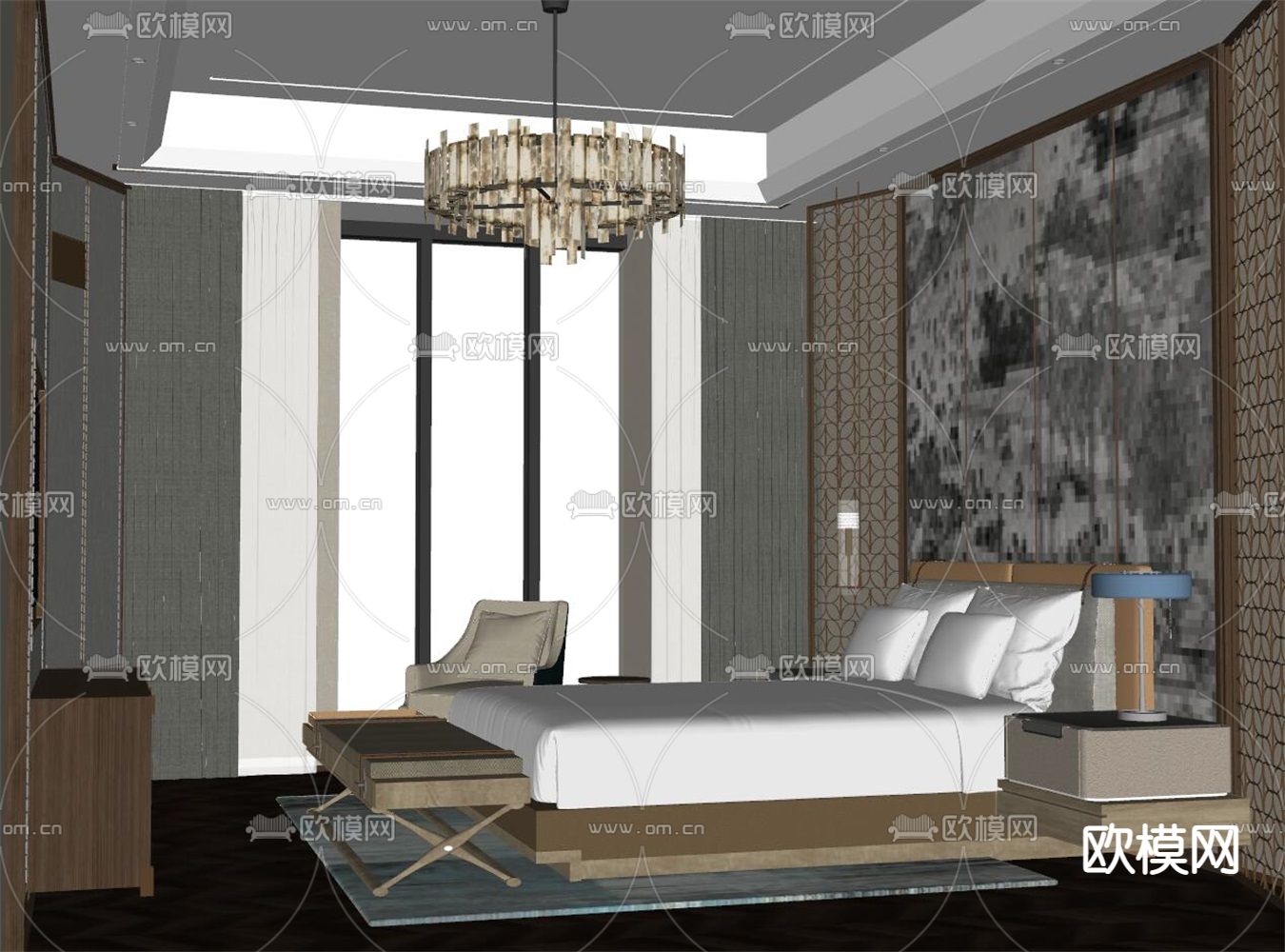 新中式卧室 主人房su模型下载（渲染图2）