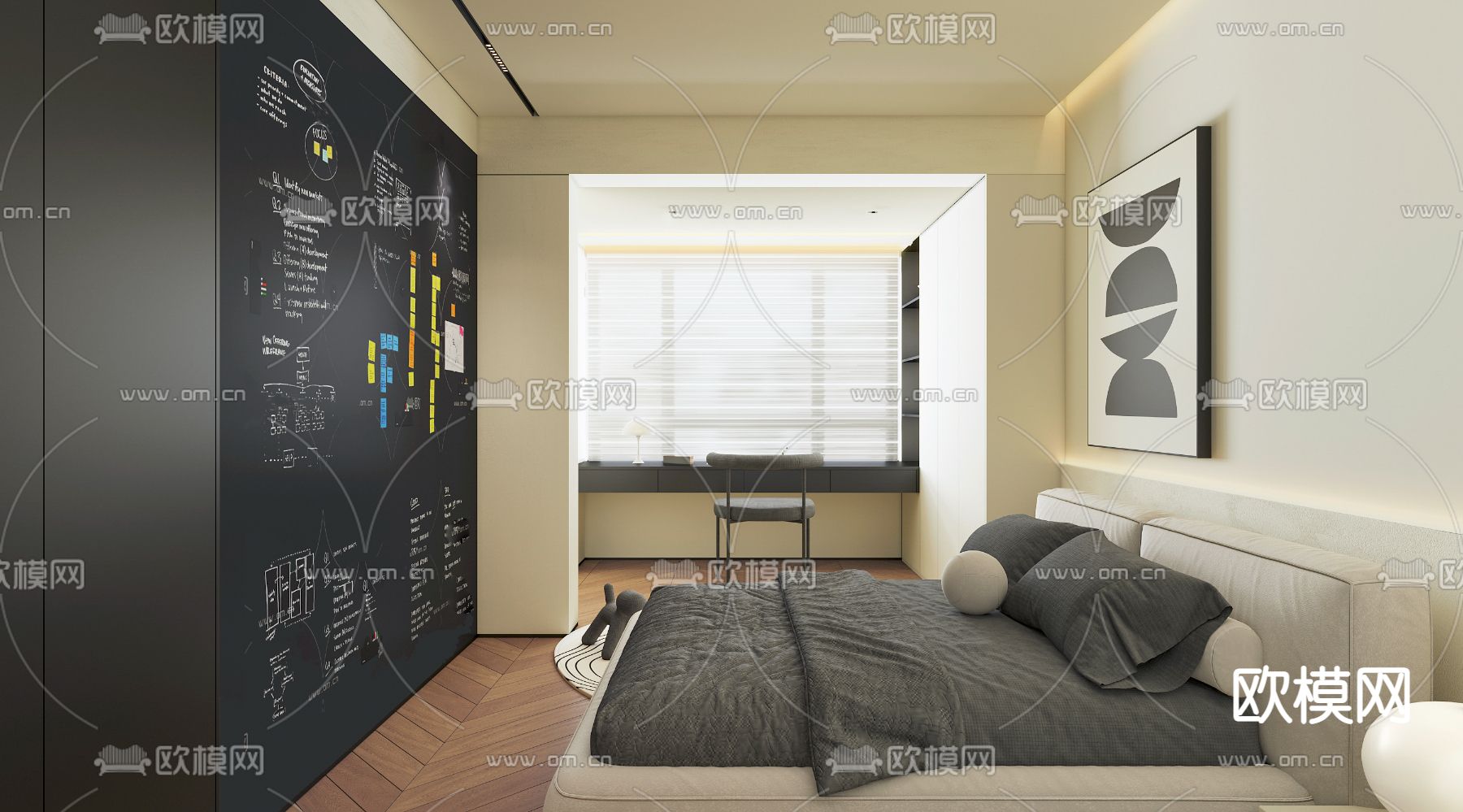 高级灰卧室 主人房3d模型下载（渲染图2）