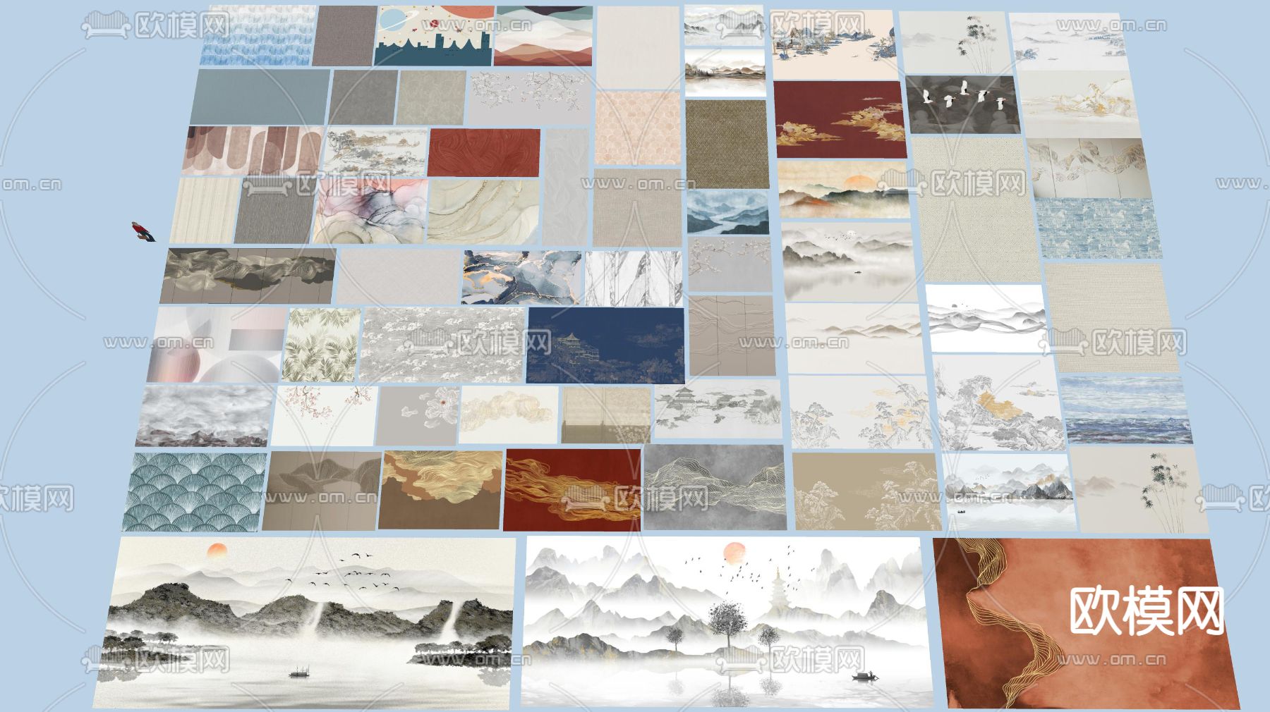 新中式壁纸 护墙板su模型下载