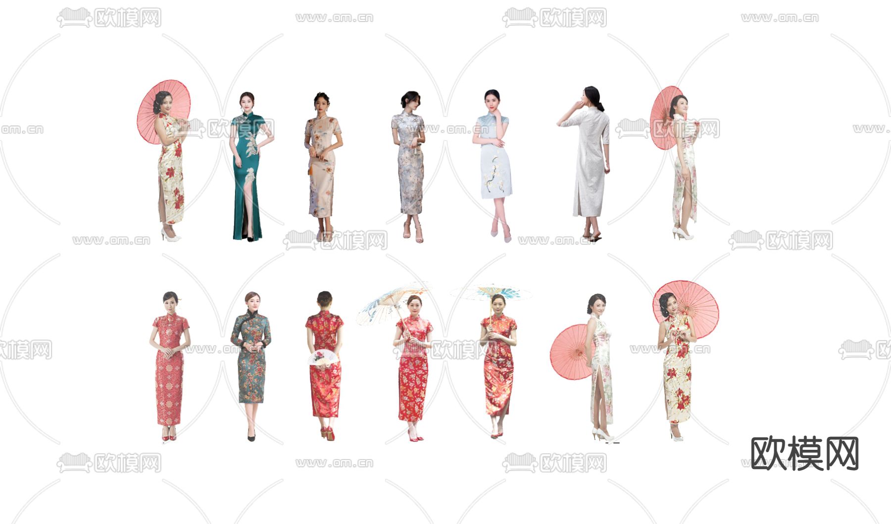 新中式旗袍人物 古风美女2D组件su模型下载（渲染图1）