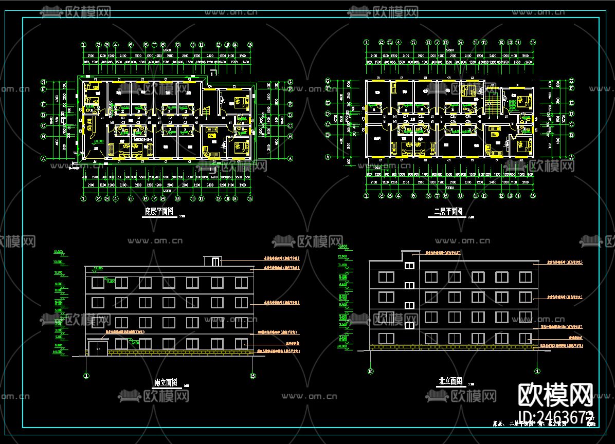 四层砖混结构宿舍公寓楼CAD施工图下载（渲染图3）