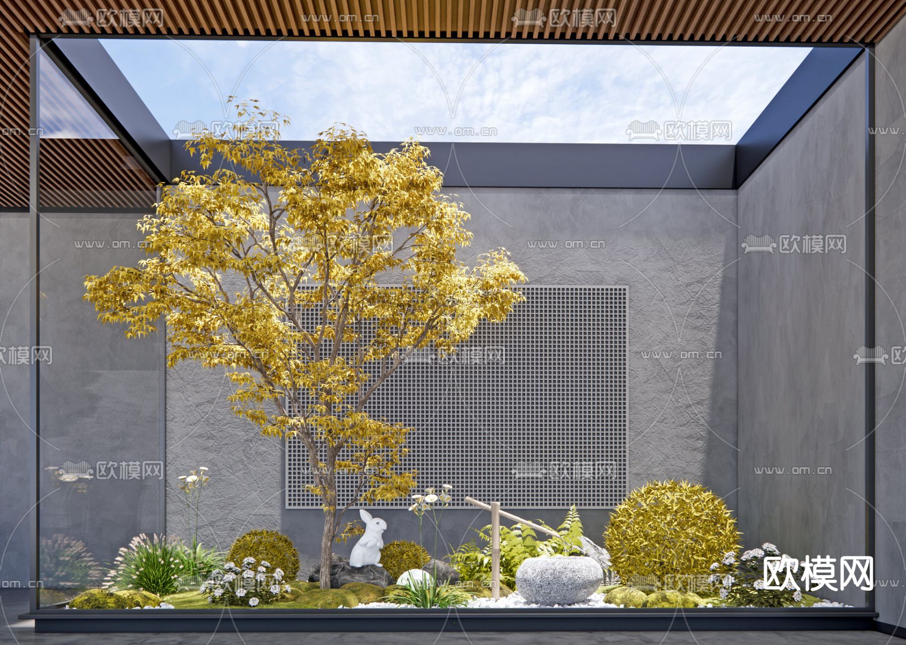 现代植物堆庭院小品su模型下载（渲染图1）