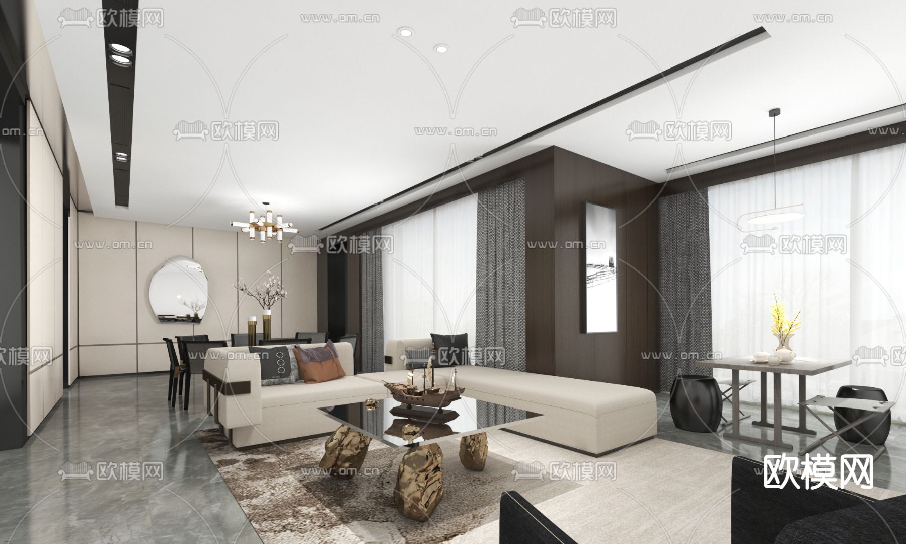 元禾大千设计 现代客厅餐厅su模型下载_ID12291328_sketchup模型下载-欧模网