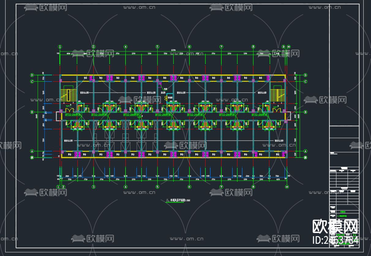 某厂区A栋五层宿舍楼暖通CAD施工图下载（渲染图3）