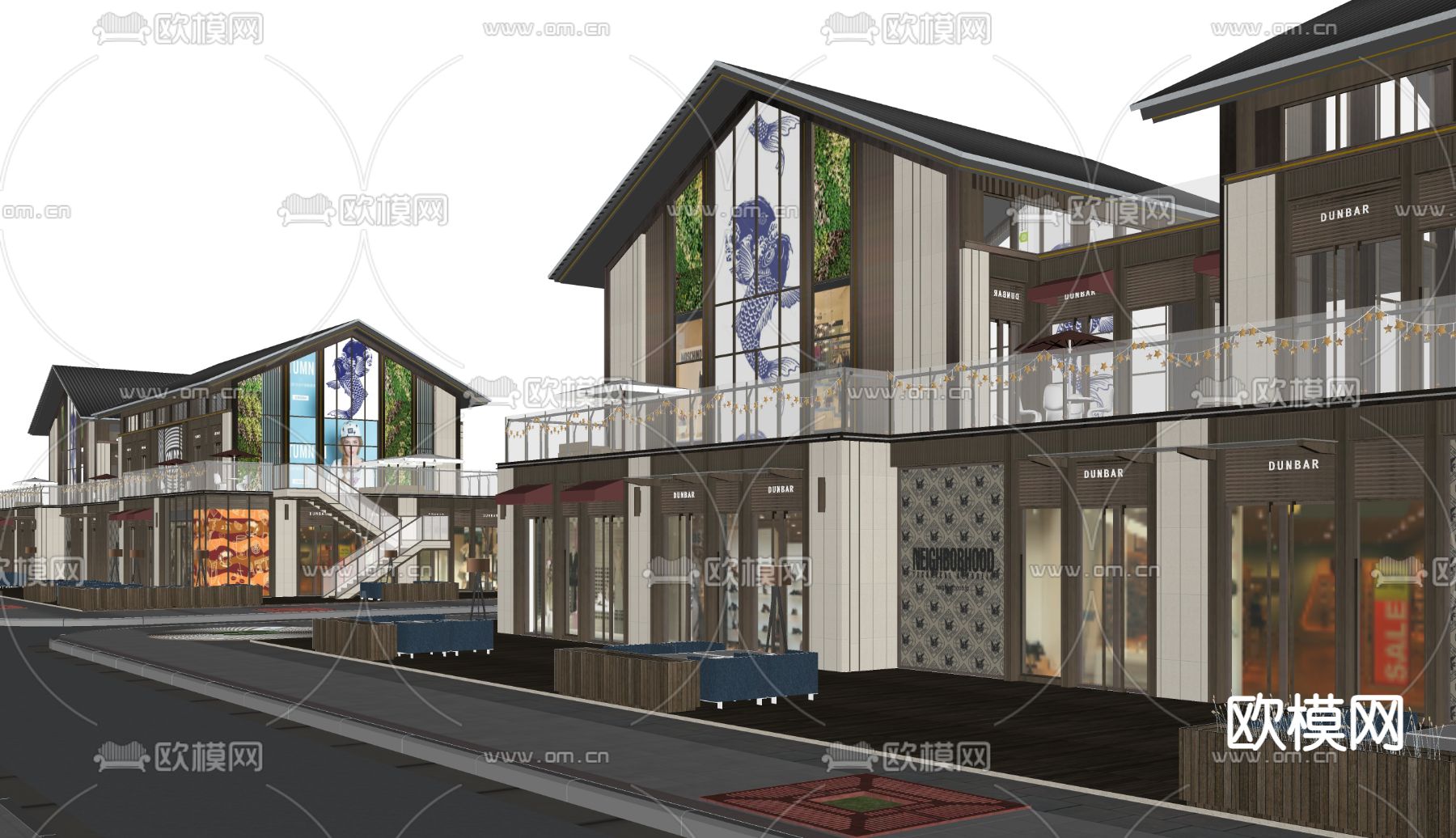 中式商业街建筑外观su模型下载（渲染图2）