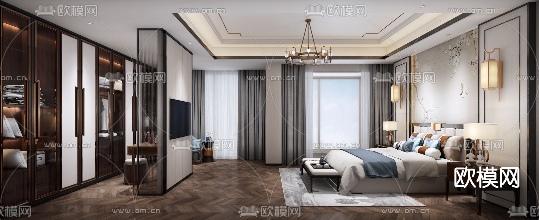 新中式卧室 主人房su模型下载（渲染图1）