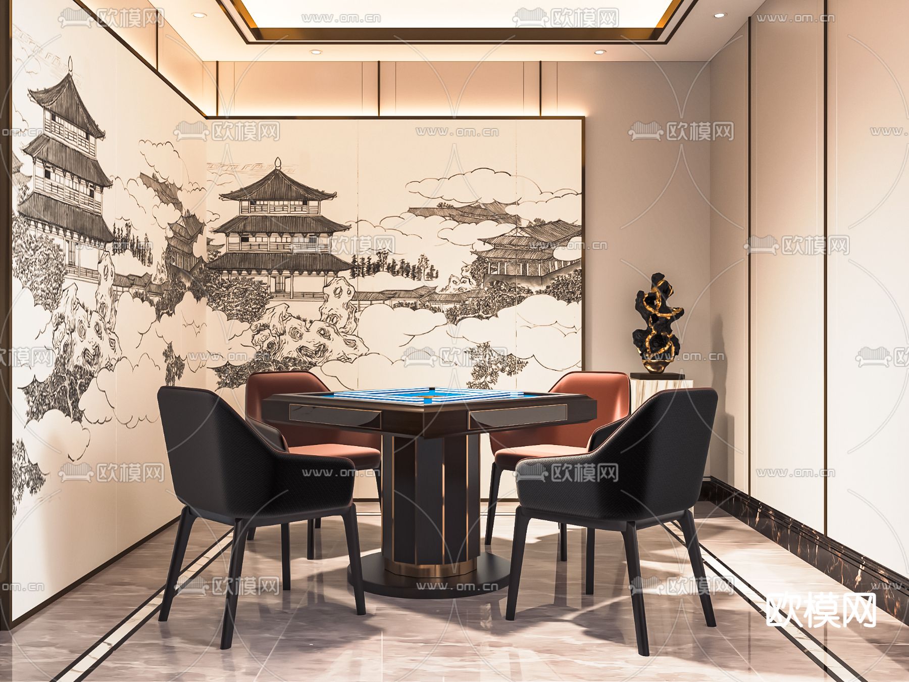 新中式棋牌室 麻将室su模型