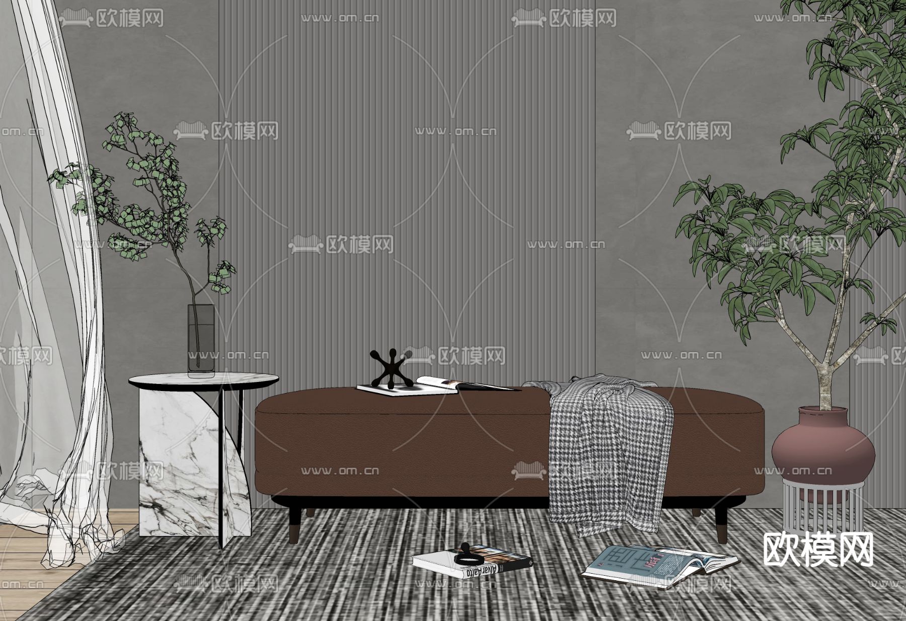 现代轻奢沙发凳su模型下载（渲染图2）