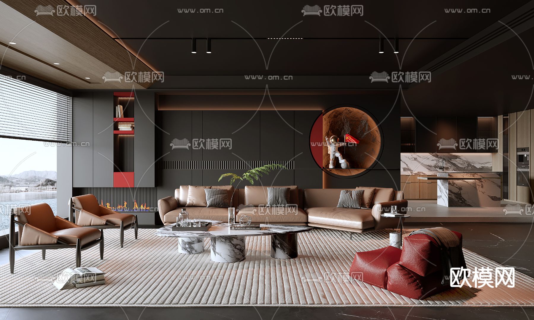 暗黑风客厅su模型下载（渲染图1）