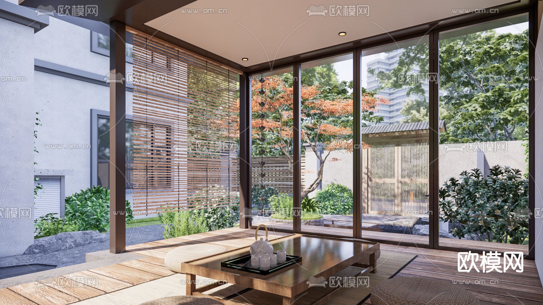 新中式庭院花园 休闲阳台su模型下载（渲染图2）