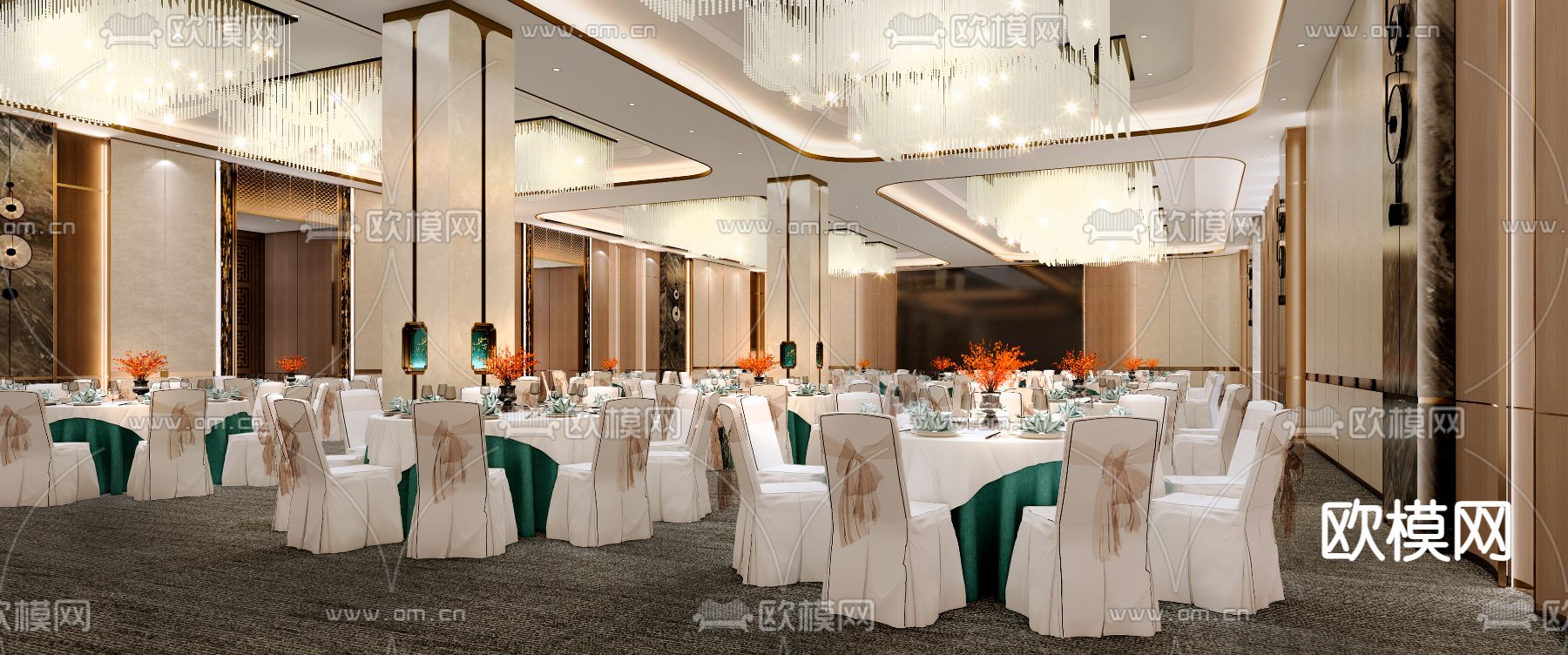 新中式酒店宴会厅su模型下载（渲染图1）
