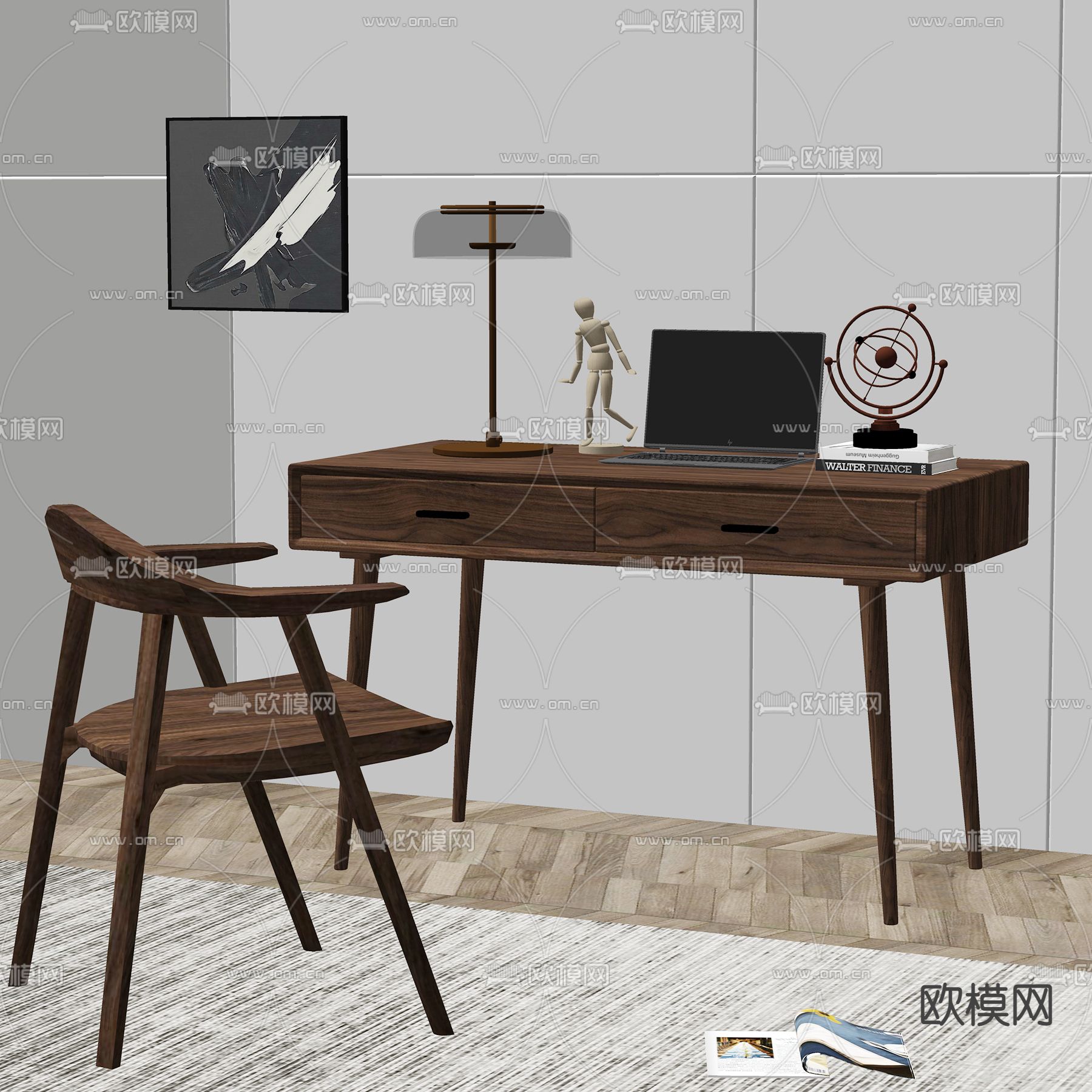 北欧书桌椅 写字台su模型下载（渲染图2）