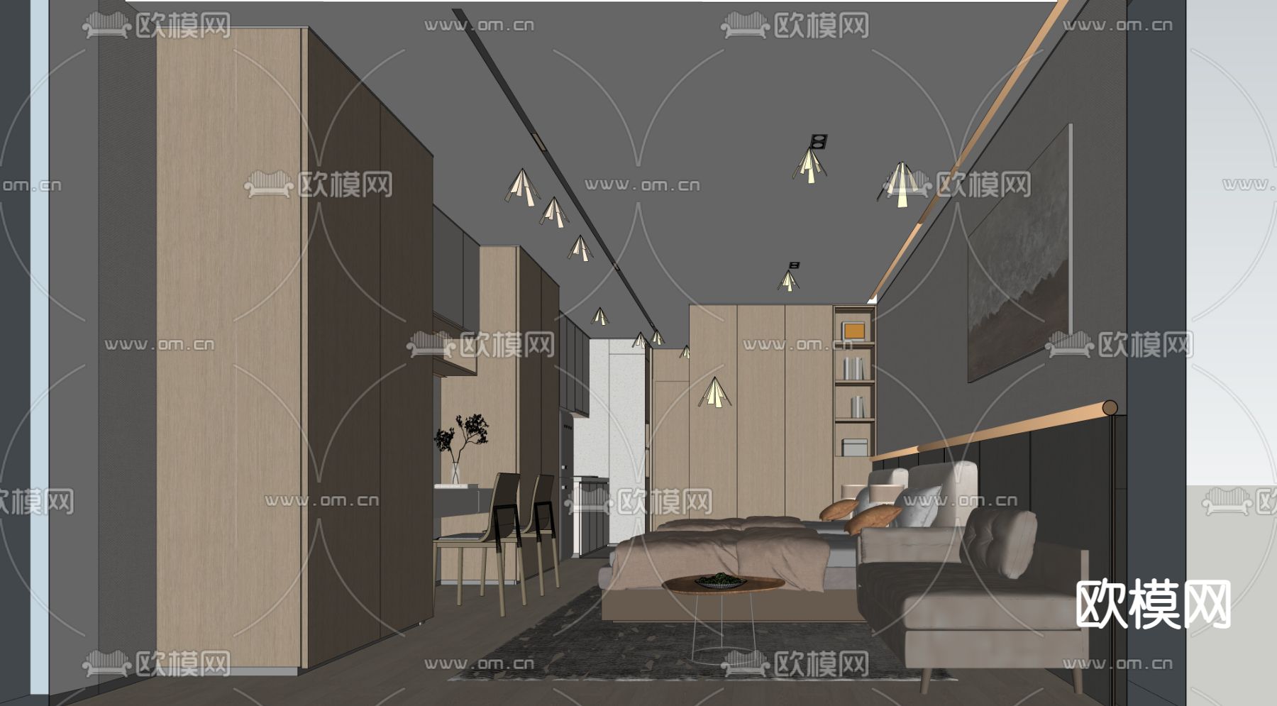现代公寓双人间su模型下载（渲染图2）