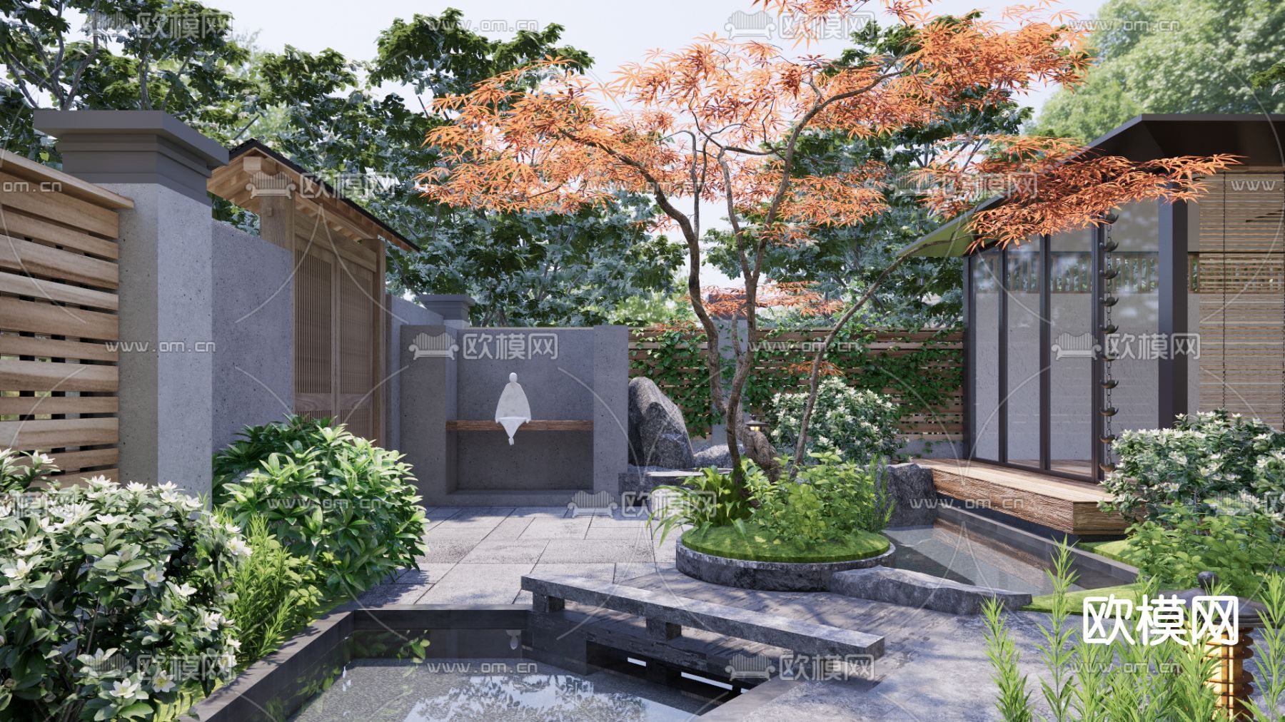 新中式庭院花园 休闲阳台su模型下载（渲染图1）
