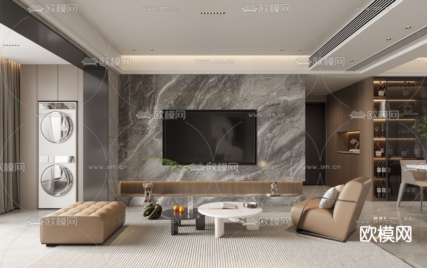 奶油风客厅 餐厅免费3d模型下载（渲染图2）