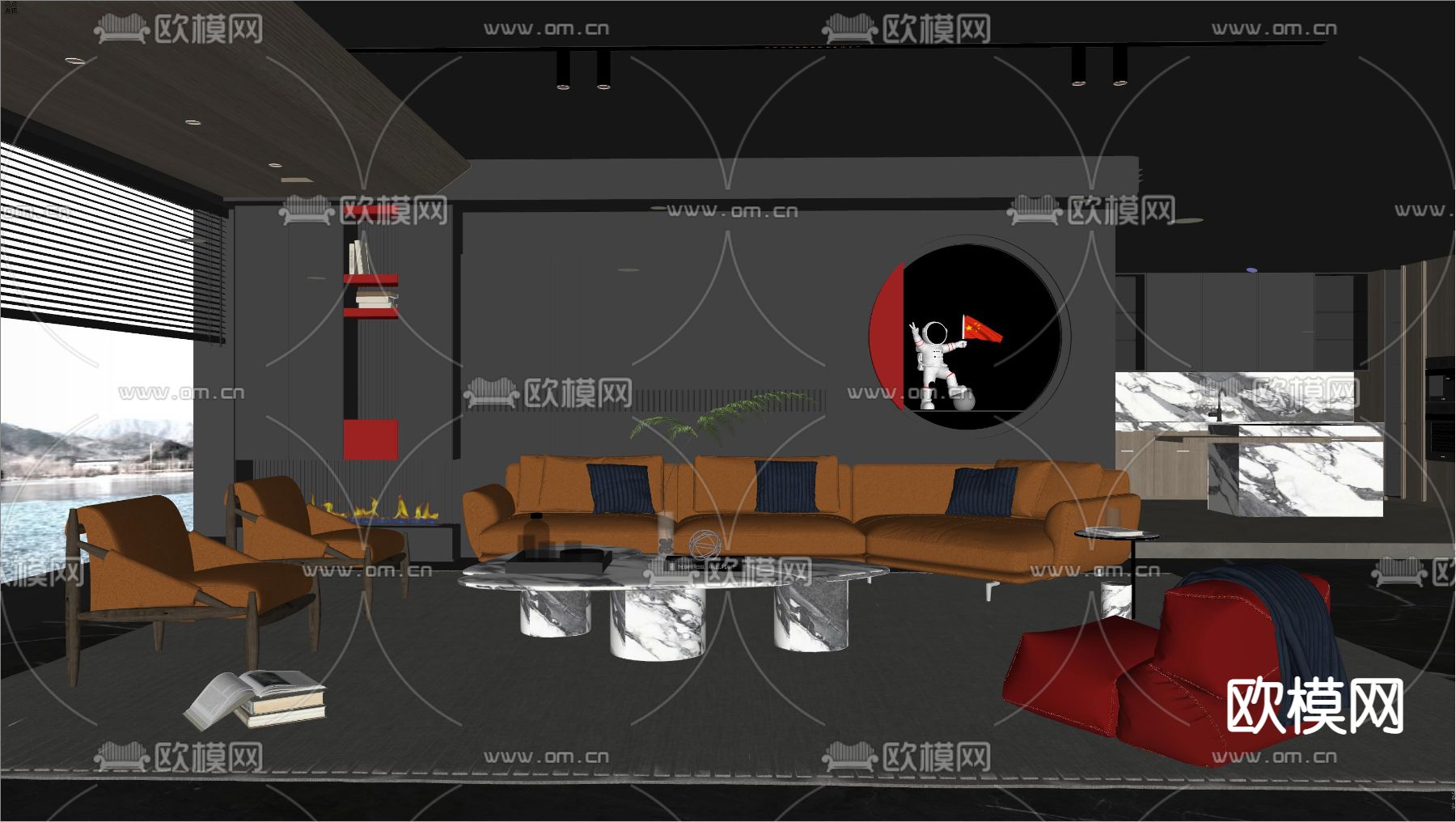 暗黑风客厅su模型下载（渲染图2）