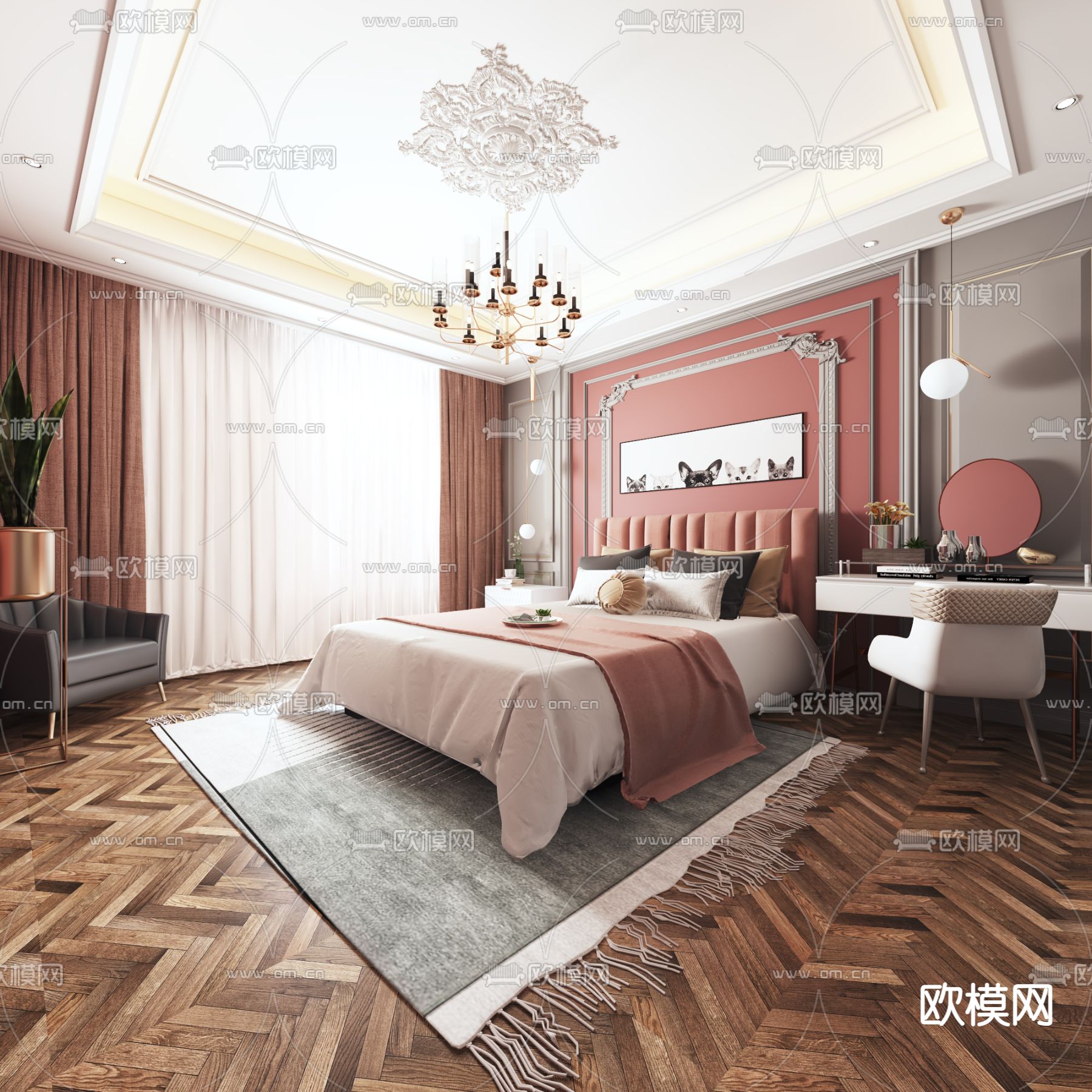 简欧卧室 主人房su模型下载（渲染图1）