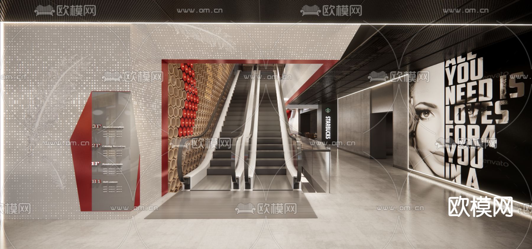 现代商场电梯厅su模型下载（渲染图1）