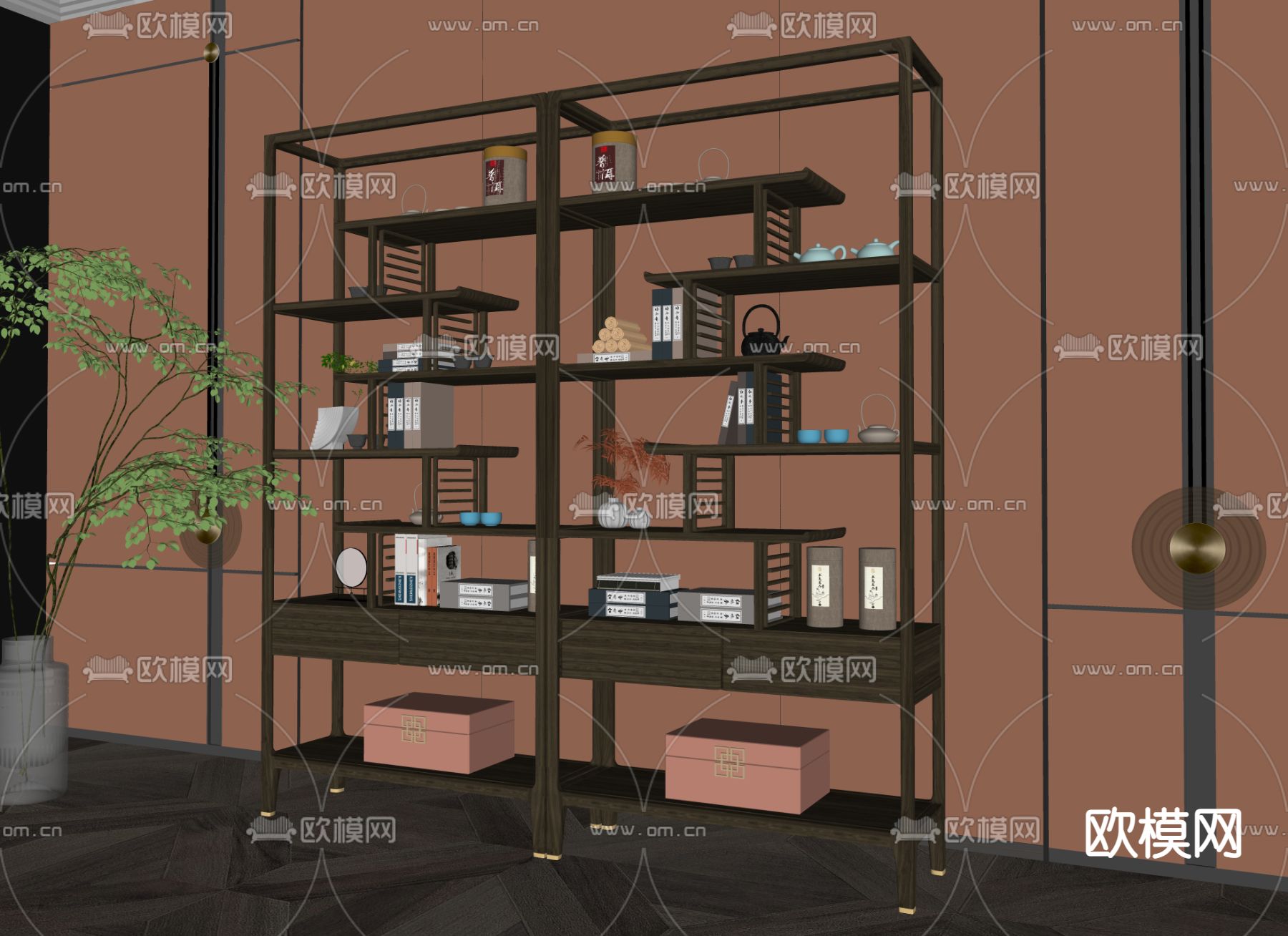 新中式博古架su模型下载（渲染图2）