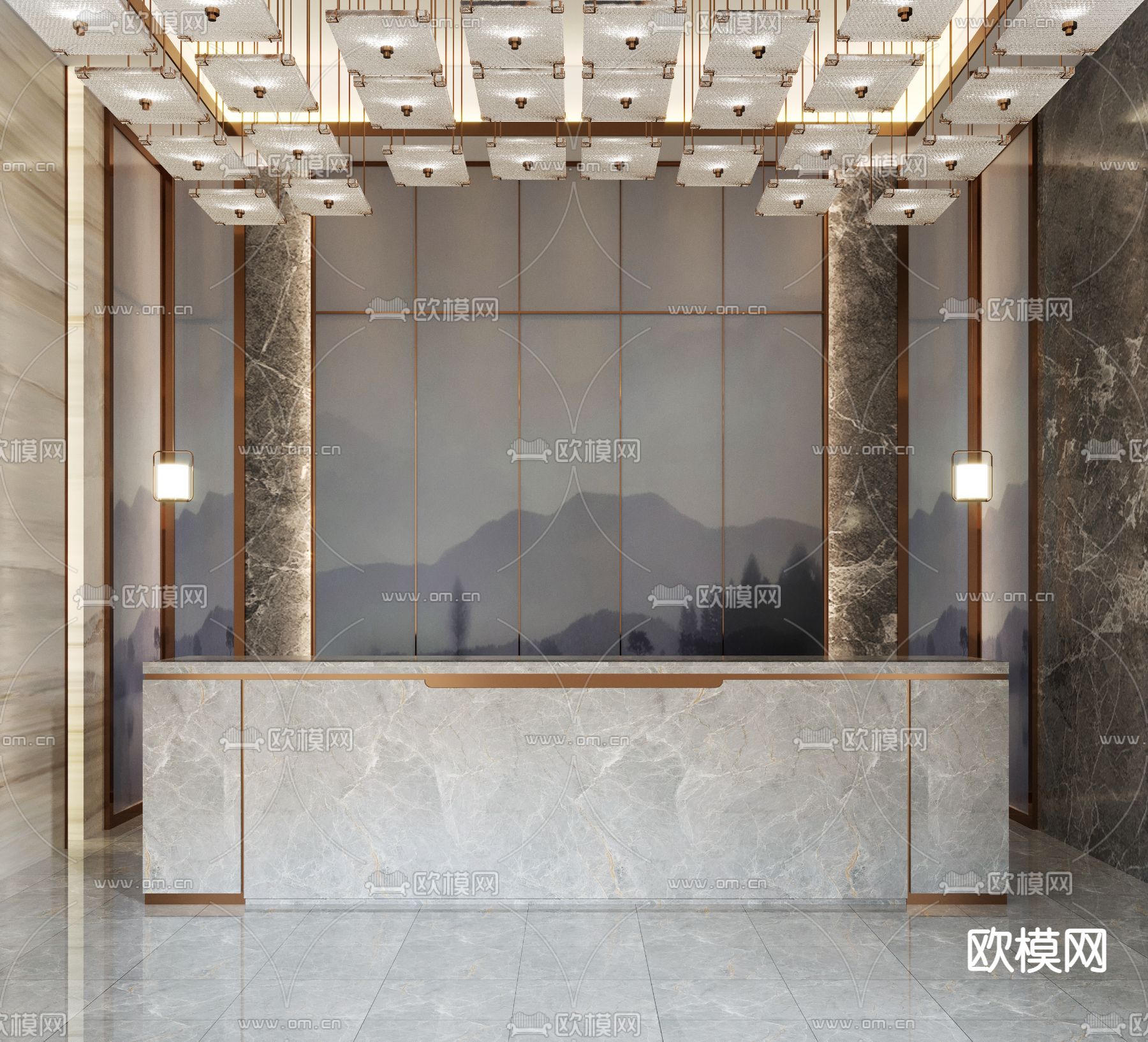 朗昇设计 新中式大理石接待台SU模型下载