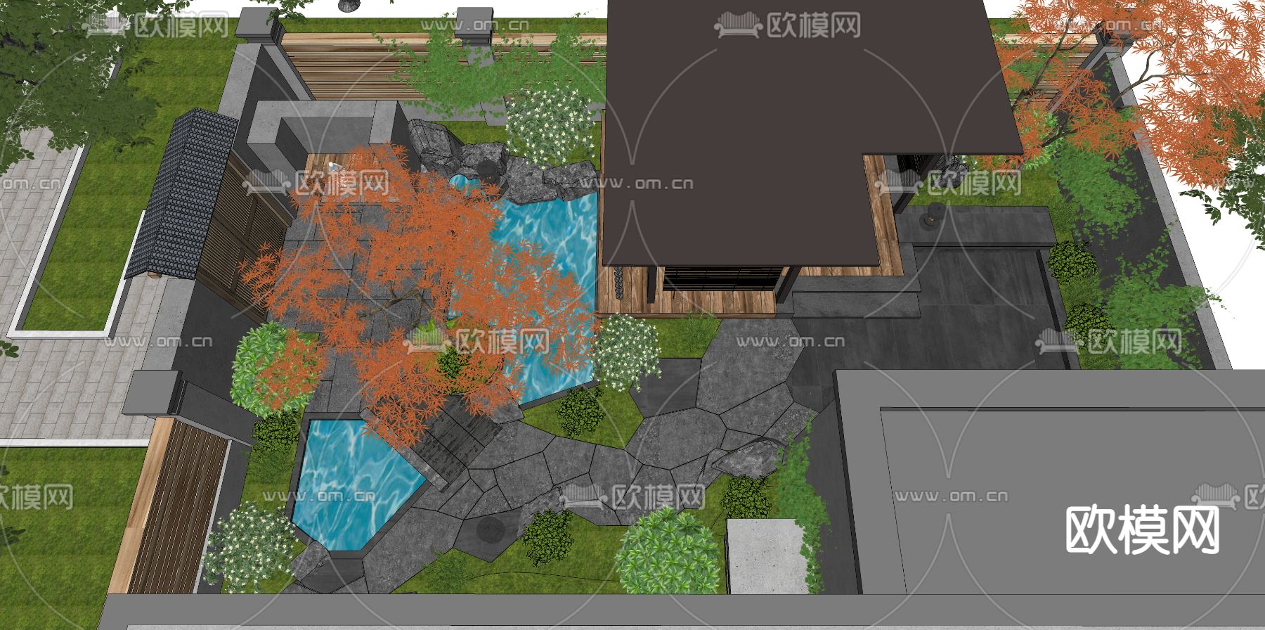 新中式庭院花园 休闲阳台su模型下载（渲染图4）