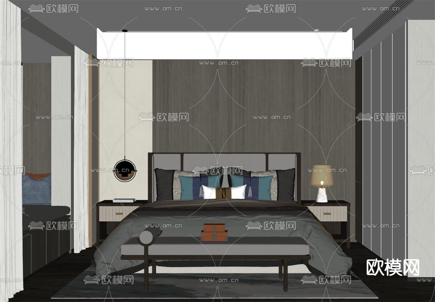新中式卧室 主人房su模型下载（渲染图2）